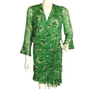 VERONICA BEARD Silk Dress, 4, Green/Floral, Semi-sheer, Mini/Short, 3/4 sleeves
